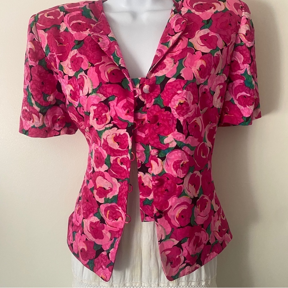 Vintage 100% Silk Pink Floral Blouse Button-Up Shirt Padded Shoulder Cottagecore - Picture 6 of 14